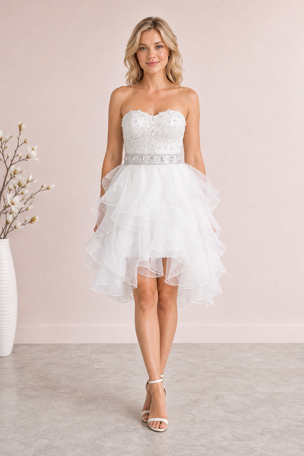 White Strapless Short Tulle Dress With Feathered Skirt