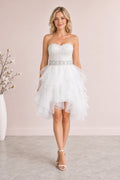 White Strapless Short Tulle Dress With Feathered Skirt