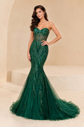 Dark Green Strapless Sequined Mermaid Prom Dress with Sweetheart Neck and Tulle Train front view