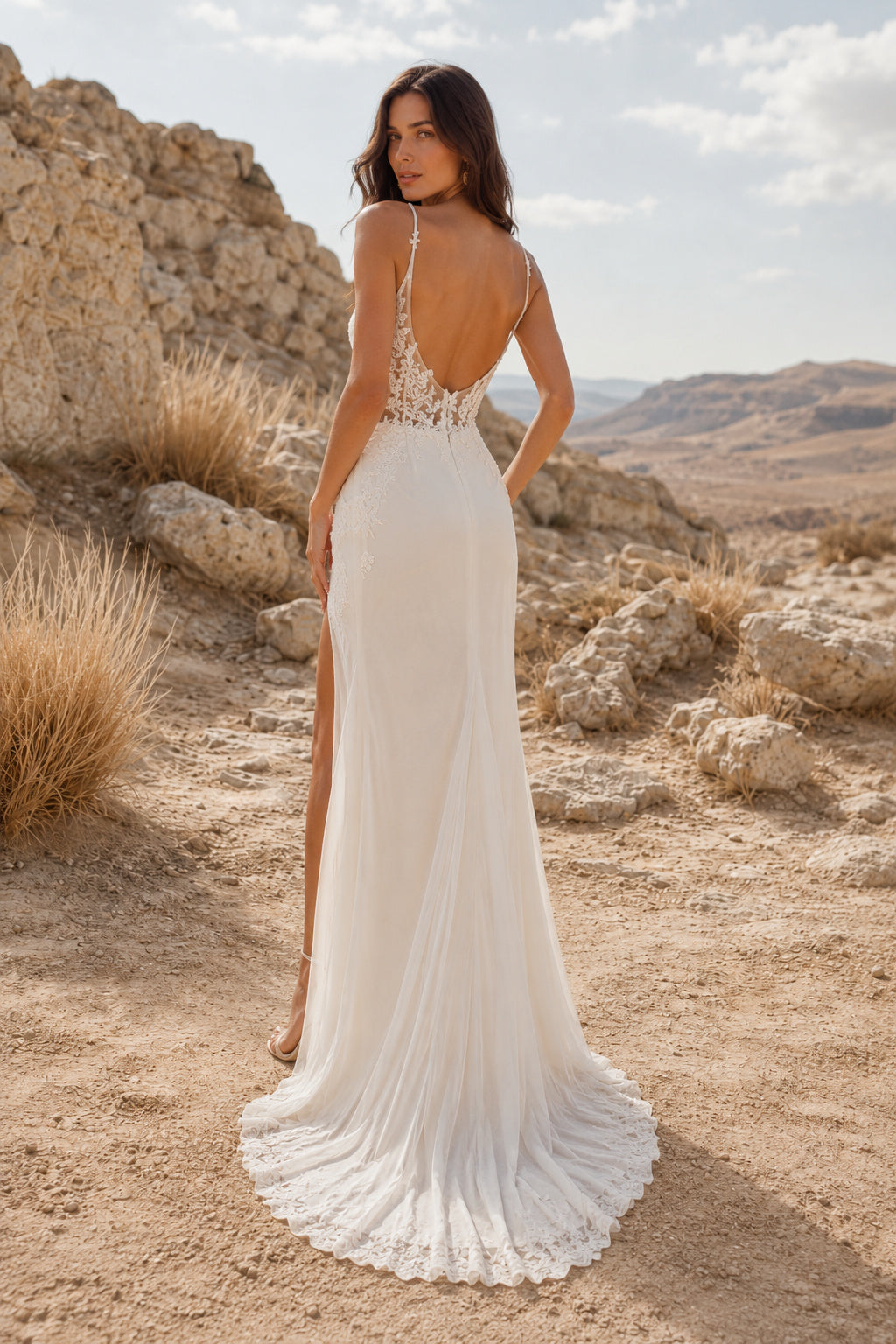 Ivory Simple V-Neck Sheath Satin Chiffon Wedding Dress with Spaghetti Straps and Sweep Train back view