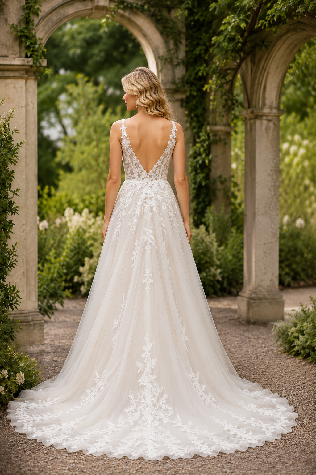 Wedding A-Line Tulle Dress with V-Neck Lace Bodice and Chapel Train Style 720816 back view