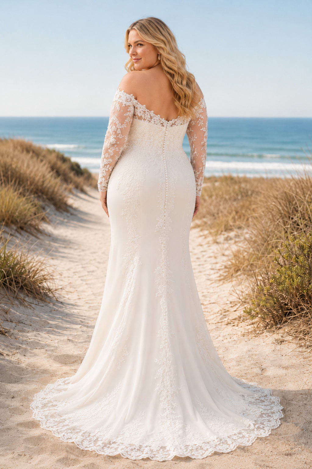 Plus Size Ivory Off-the-Shoulder One Sleeve Lace Tulle Mermaid Wedding Dress with Sweep Train back view