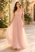 Blush Off-the-Shoulder Tulle A-Line Bridesmaid Dress with Sweetheart Neckline front view
