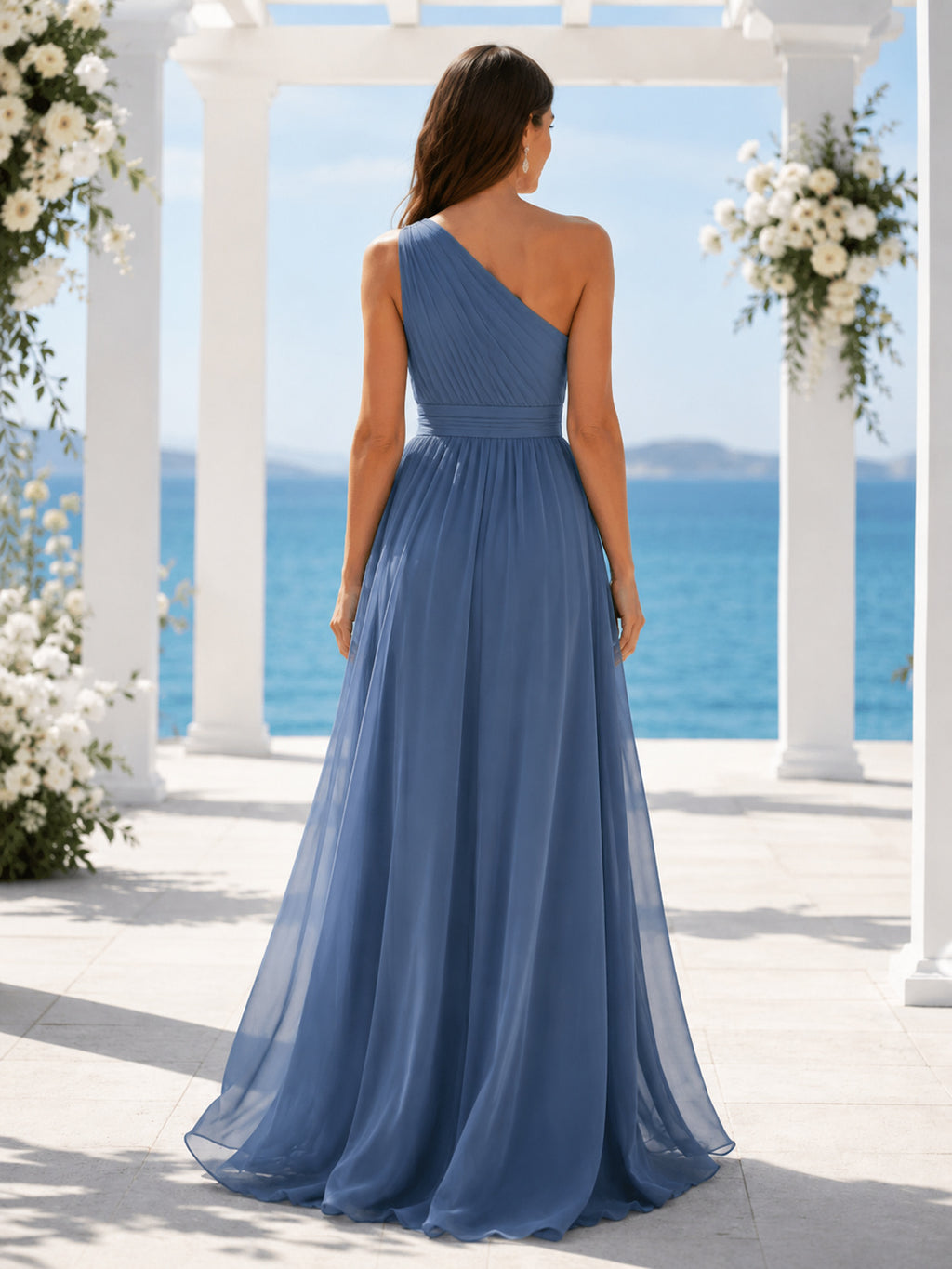 Dusty blue one shoulder chiffon maxi beach formal dress back view