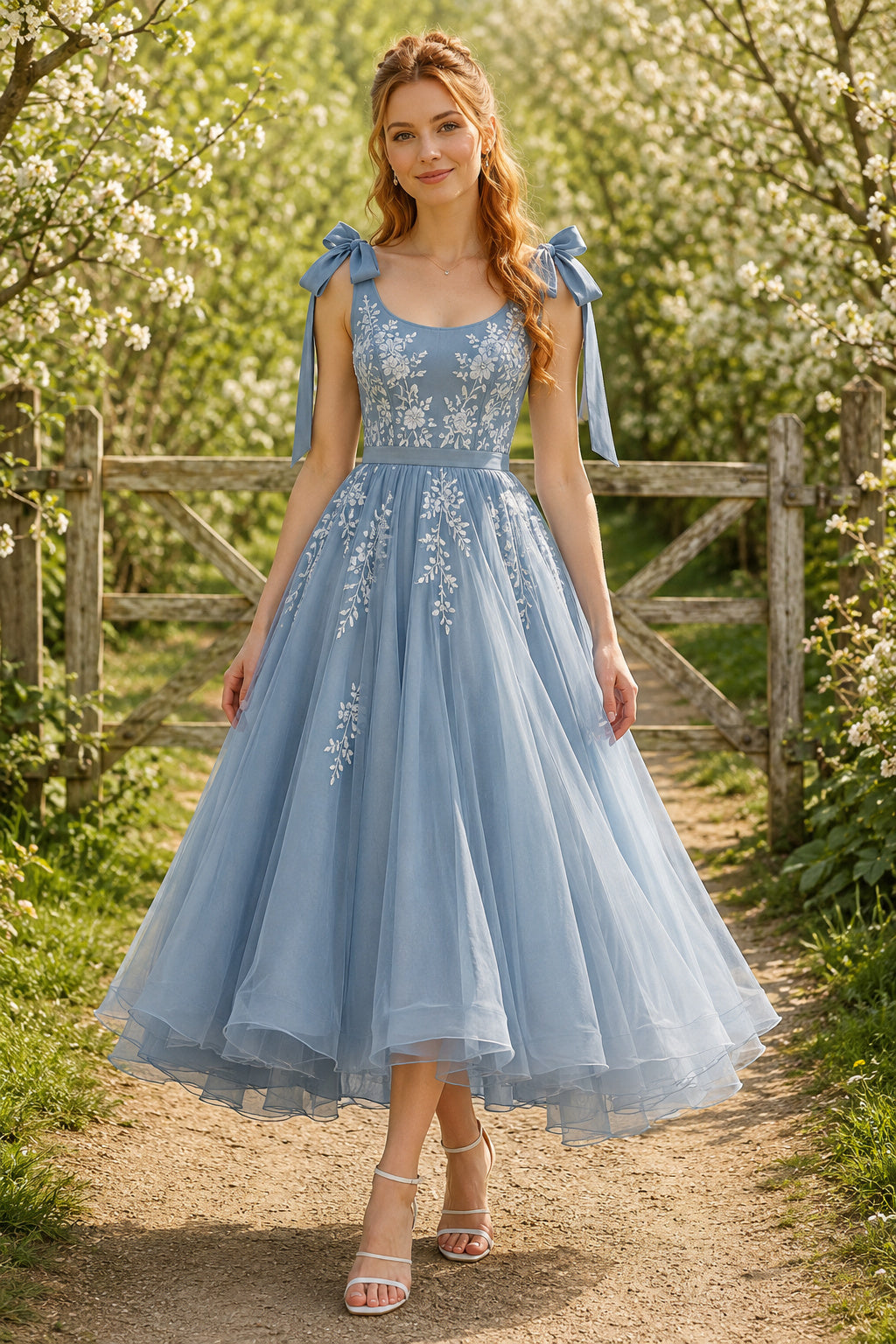 Sky Blue Shoulder Bow Strap Lace Bodice with Tulle Skirt Tea Length A-Line Prom Dress front view