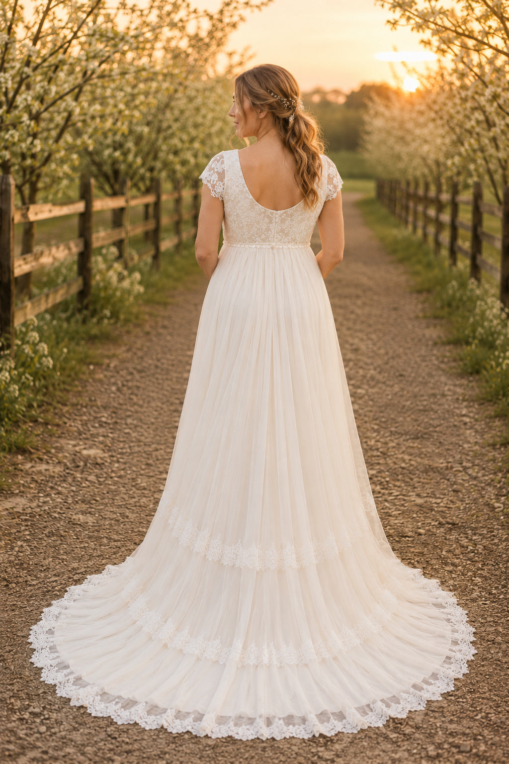 Ivory Maternity Scoop Neck Short Sleeve Tulle A-Line Wedding Dress with Lace Trim back view