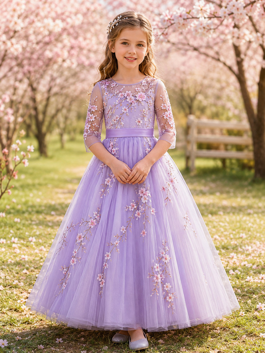 Lavender Cherry Blossom Flower Girl Gown with Long Illusion Sleeves, Tulle A-Line, Floral Appliques, and Floor-Length Skirt f