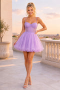 Lavender Spaghetti Strap Sweetheart Tulle Short A Line Homecoming Dress With Corset Bodice Homecoming Dress front view