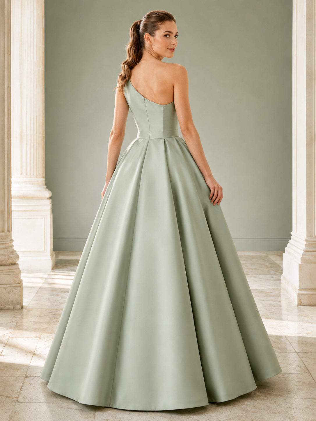 Sage Minimalist One Shoulder Pleated Mikado Satin Quinceanera A-Line Modern Formal Gown back view