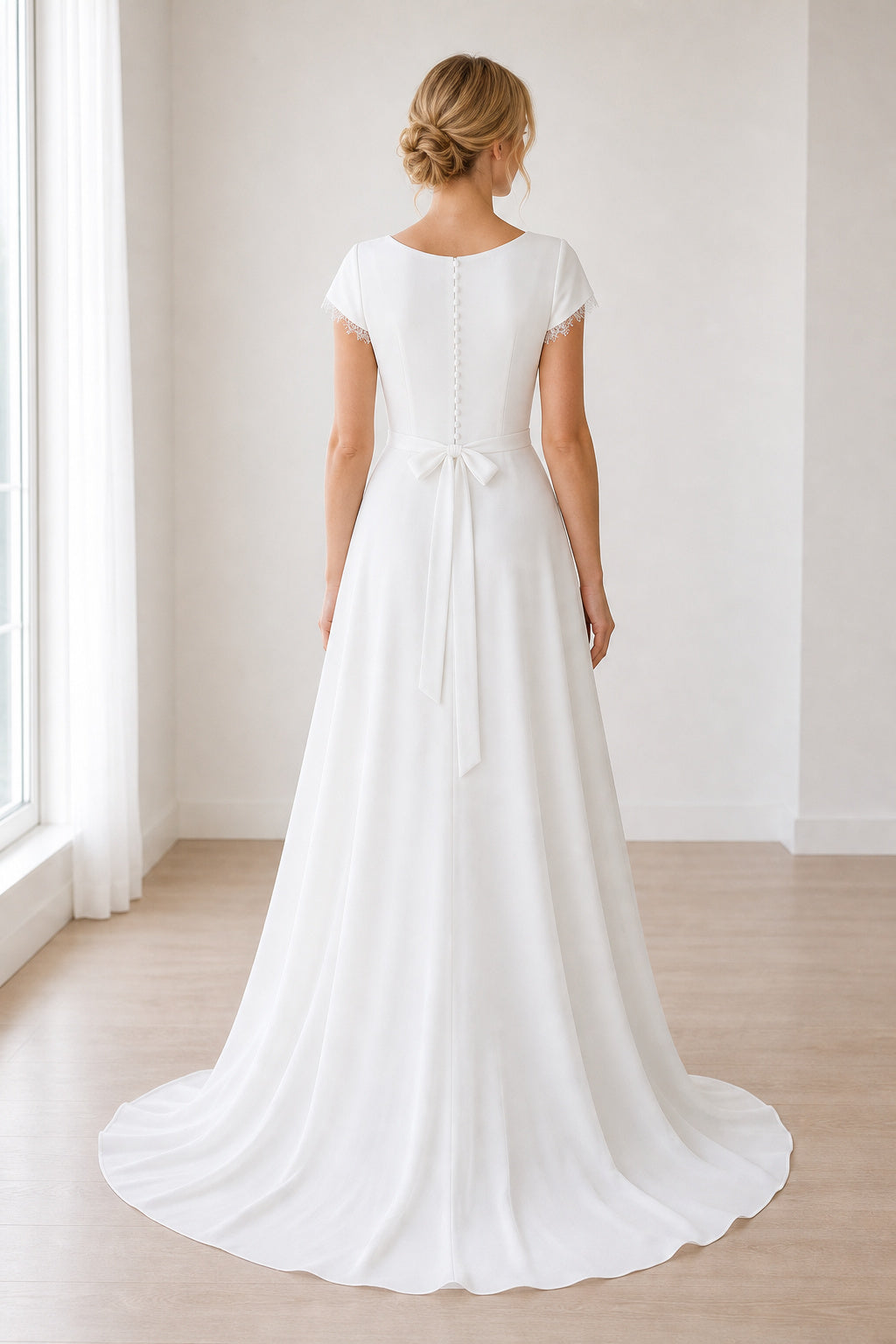 White Off-the-shoulder Long Sleeves A-Line Crepe Floor-length Wedding Dress With Lace Bodice and Sweep Train Pearl Detail