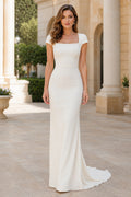 Ivory square neck cap sleeve sheath wedding dress with sweep train Floor-length And Sweep/Brush Train Sheath Wedding Dress fr