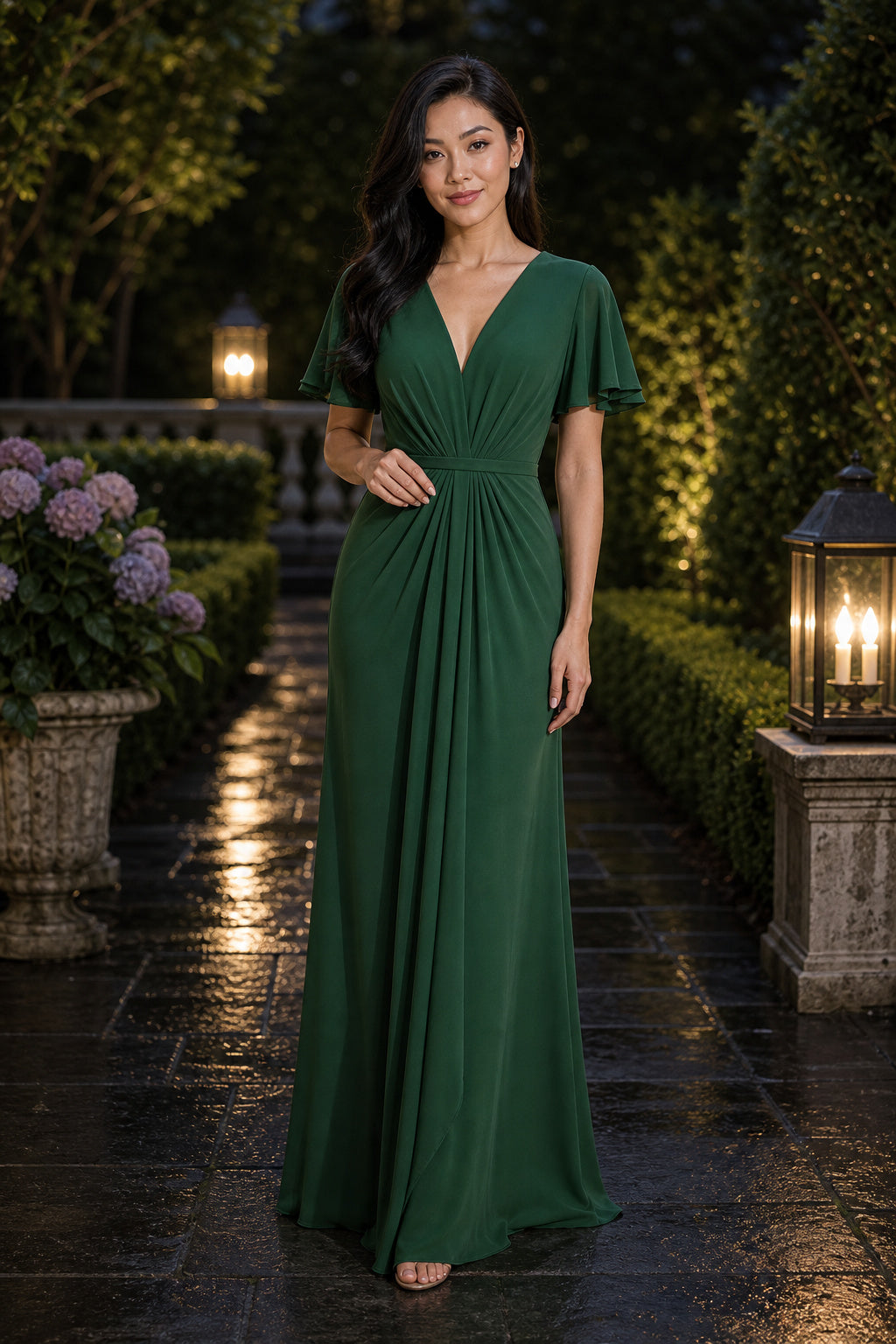 V-neck Short Sleeve Sheath Jersey Floor-Length Dress With Ruched Waist