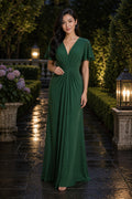 V-neck Short Sleeve Sheath Jersey Floor-Length Dress With Ruched Waist