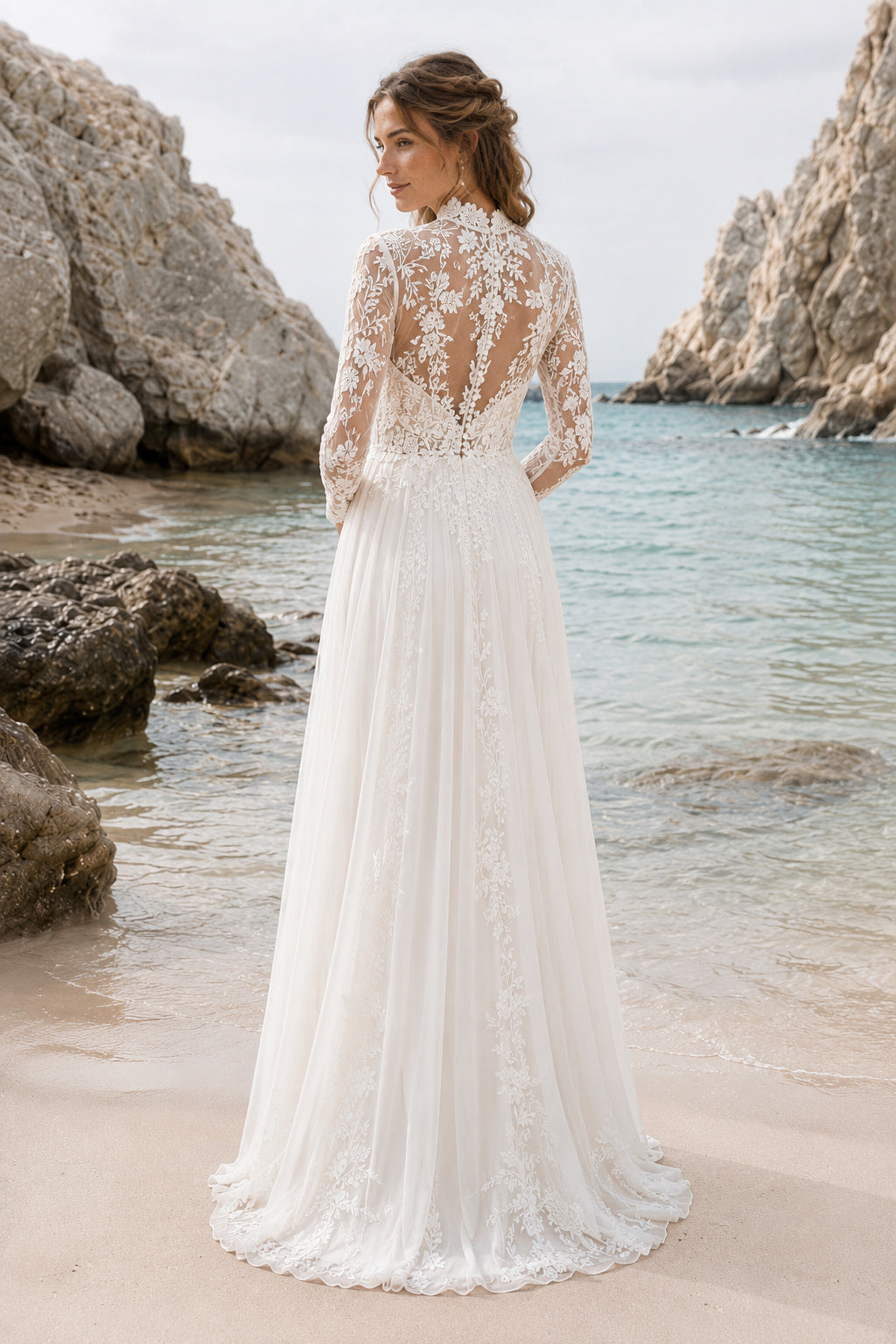 Ivory High Neck Long Sleeve Lace A-Line Wedding Dress Illusion Back for Bridal Ceremony and Reception back view