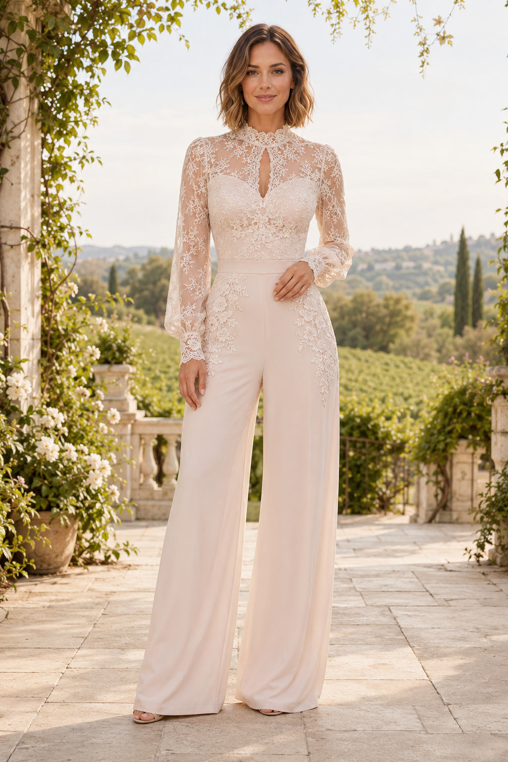 Blushing Pink High Neck Keyhole Long Sleeve Lace Satin Floor-Length Bridal Jumpsuit with Keyhole Bodice and Blush Wide Leg Pa