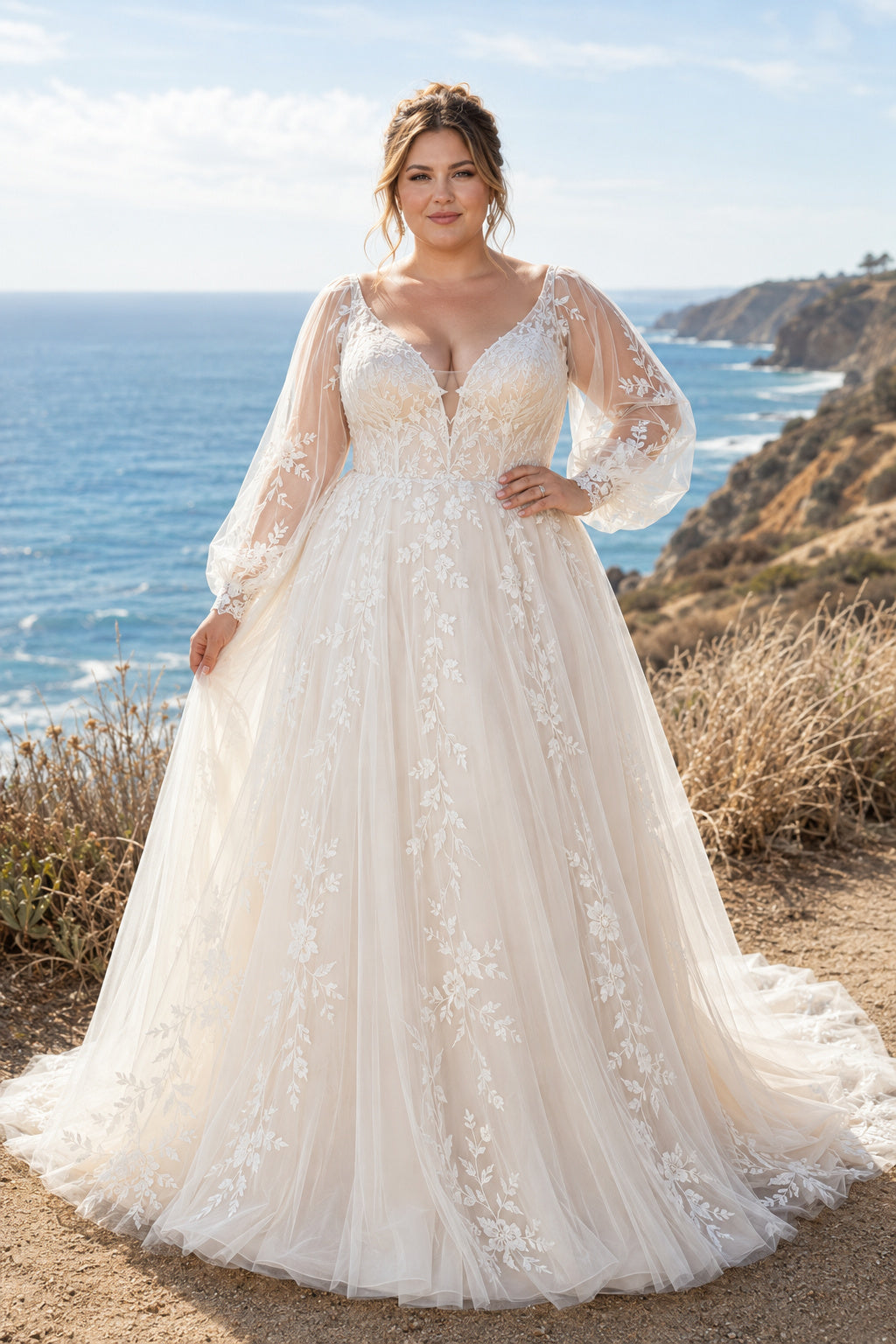 Plus Size Ivory Sweetheart V-Neck Bishop Sleeve Lace Tulle A-Line Wedding Dress with Bishop Sleeves and Chapel Train front vi