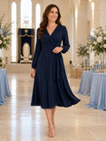 Navy Long Sleeve Wrap A Line Guest Midi Dress front view