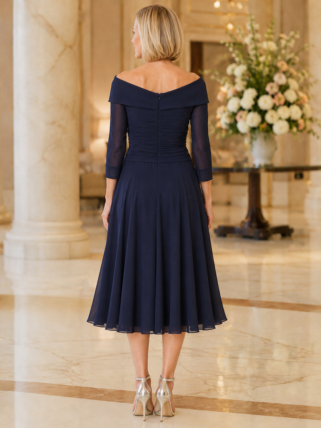 Navy Off Shoulder Three Quarter Sleeve Tea Length A Line Dress back view