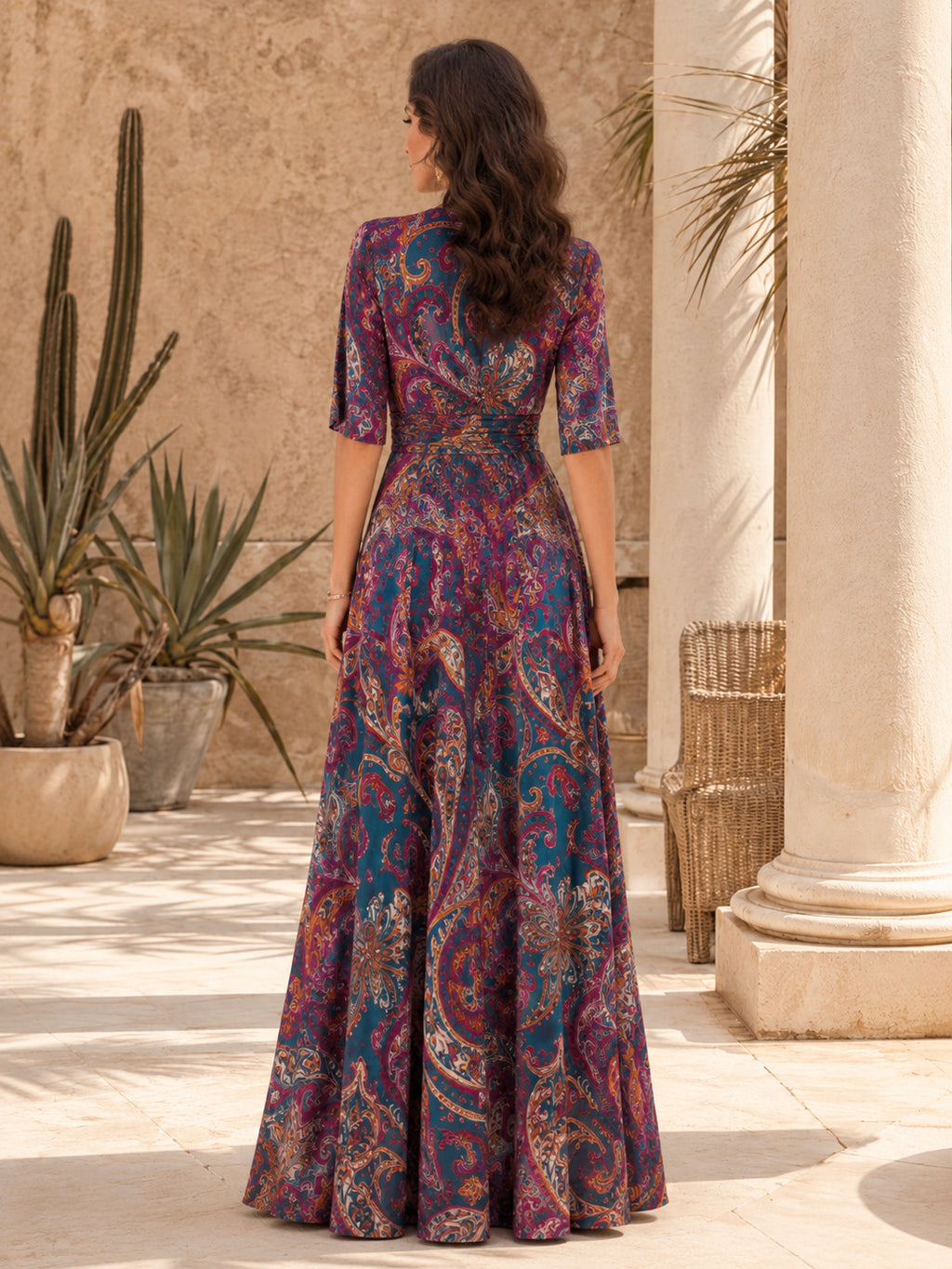 Dark Psychedelic Wrap V-Neck Long Sleeve Maxi Occasion Dress back view