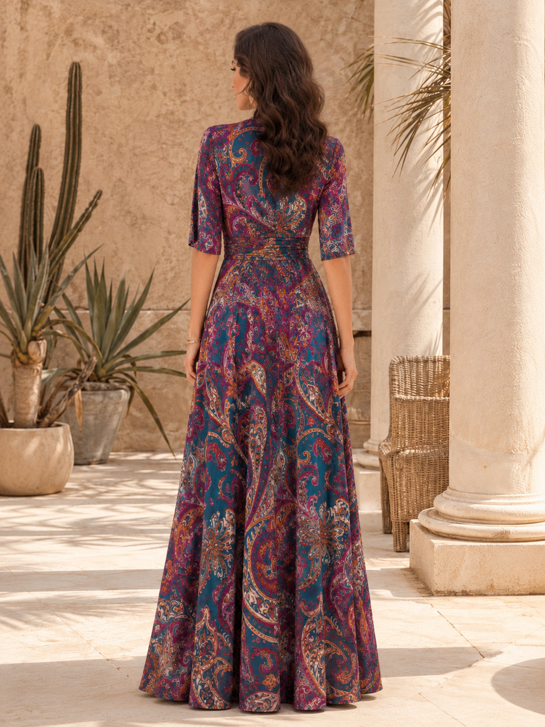 Dark Psychedelic Wrap V-Neck Long Sleeve Maxi Occasion Dress back view