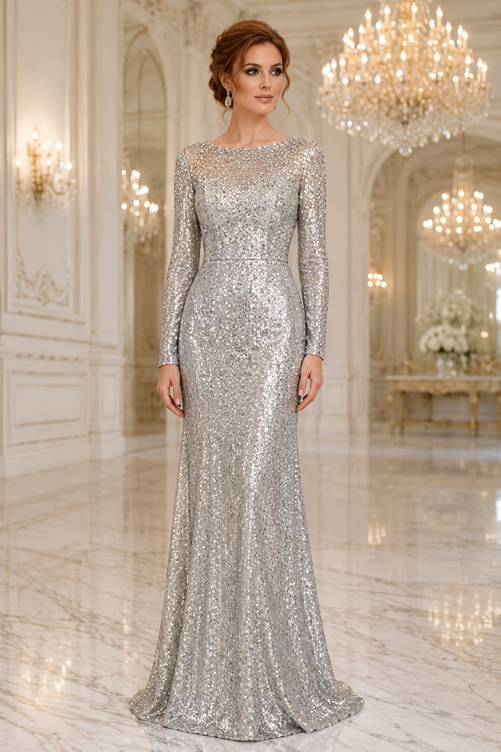 Silver Long Sleeve Sequin Sheath Formal Dress with Bateau Neck front view