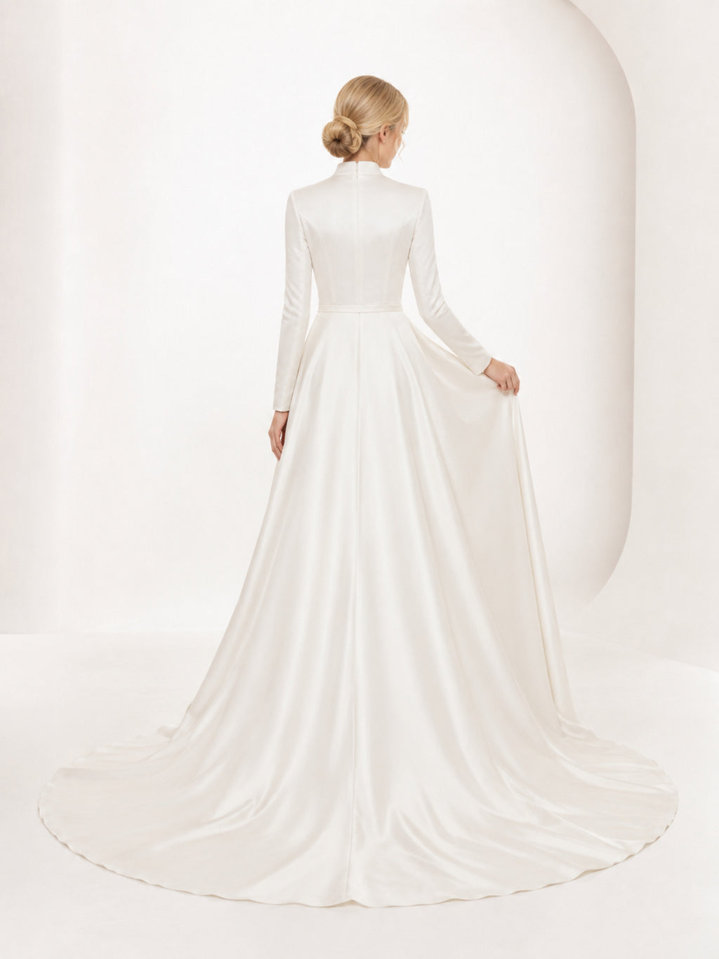 Modest Long Sleeve Crepe Mermaid LDS Studio Bridal Gown back view