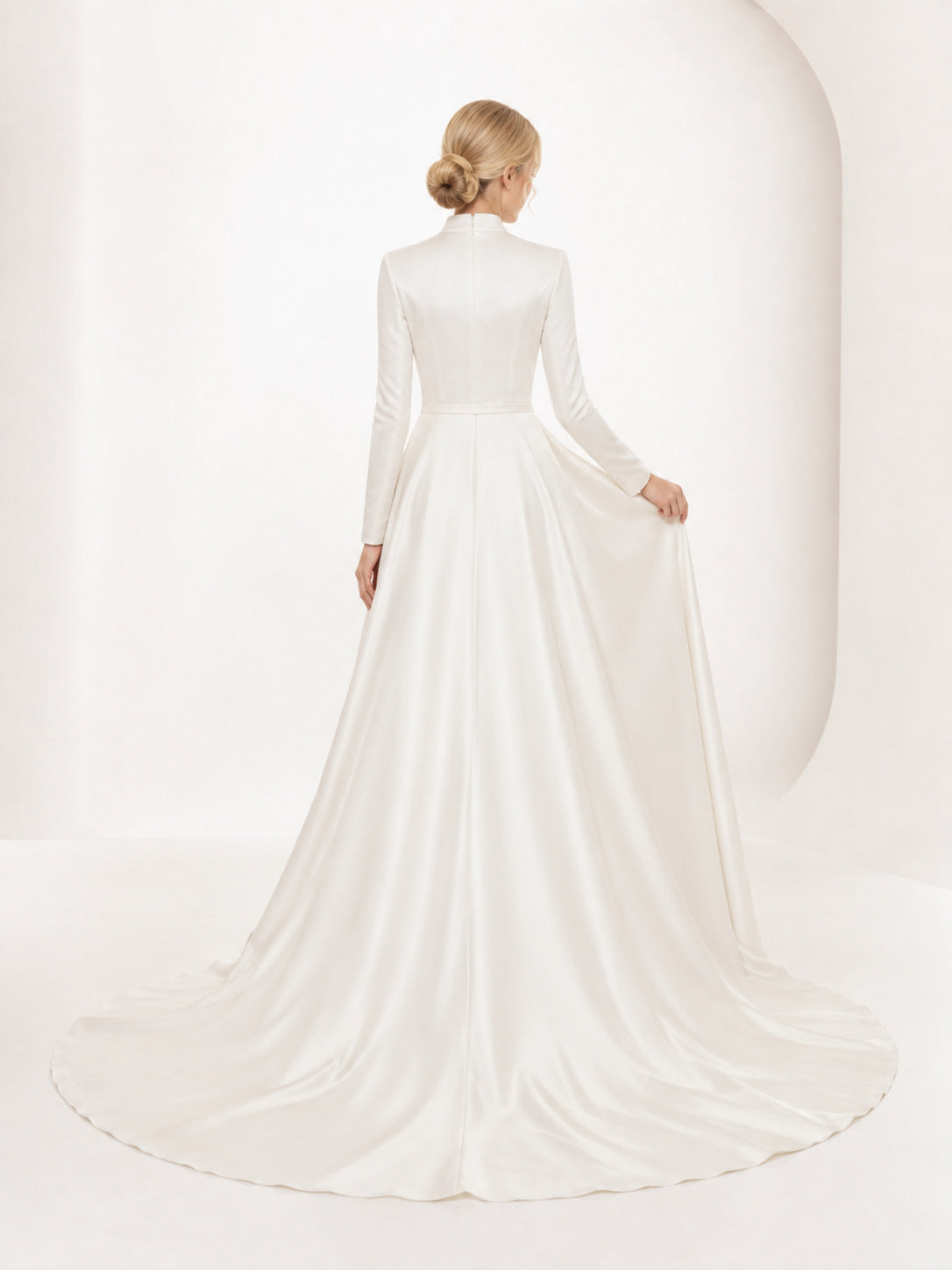 Modest Long Sleeve Crepe Mermaid LDS Studio Bridal Gown back view