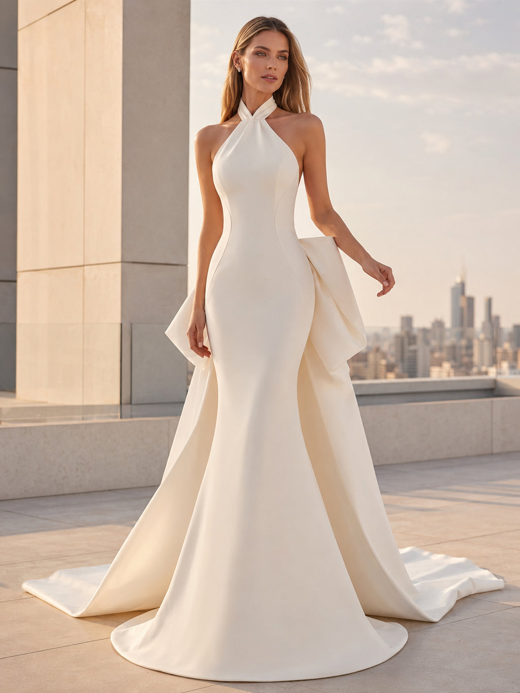 Minimalist Satin Wedding Dress Mermaid Halter Sleeveless Sweep Train Bridal Gown Style 722449 front view