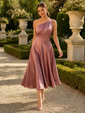 Dusk Outdoor Garden Wedding Guest Dress A-Line Satin One-Shoulder Sleeveless Tea-Length Draped front view