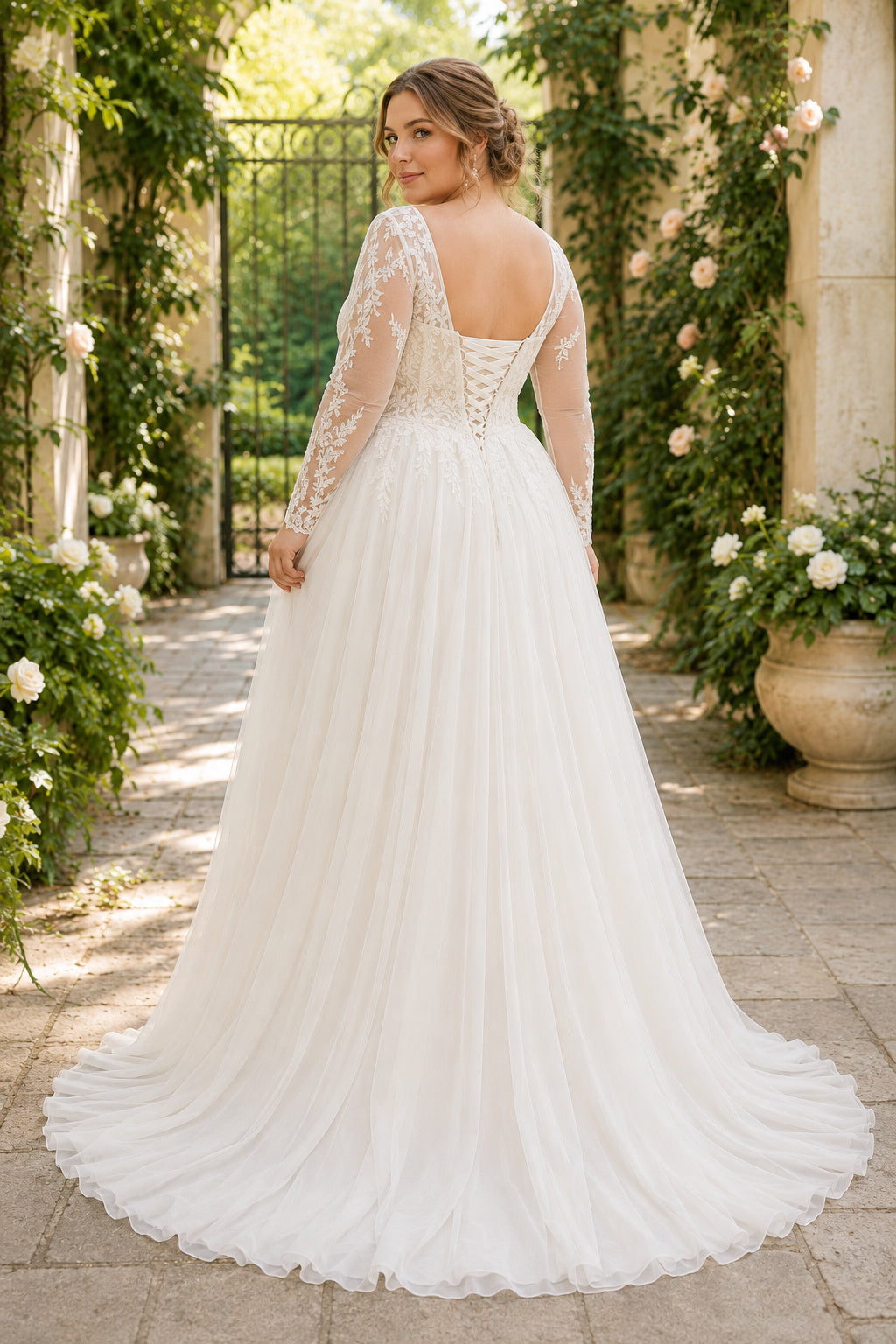 Plus Size Ivory Scoop Neck Long Illusion Sleeve Lace Tulle A-Line Wedding Dress with Long Lace Sleeves and Sweep Train back v