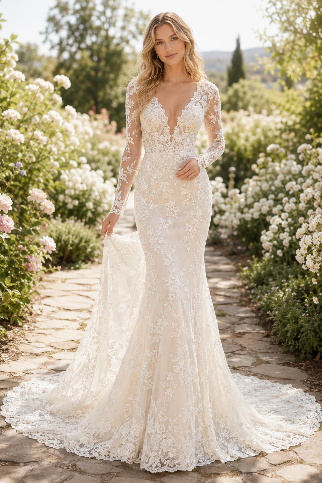 Ivory Long Sleeve Mermaid Lace Wedding Dress with Deep V-Neck and Chapel Train front view