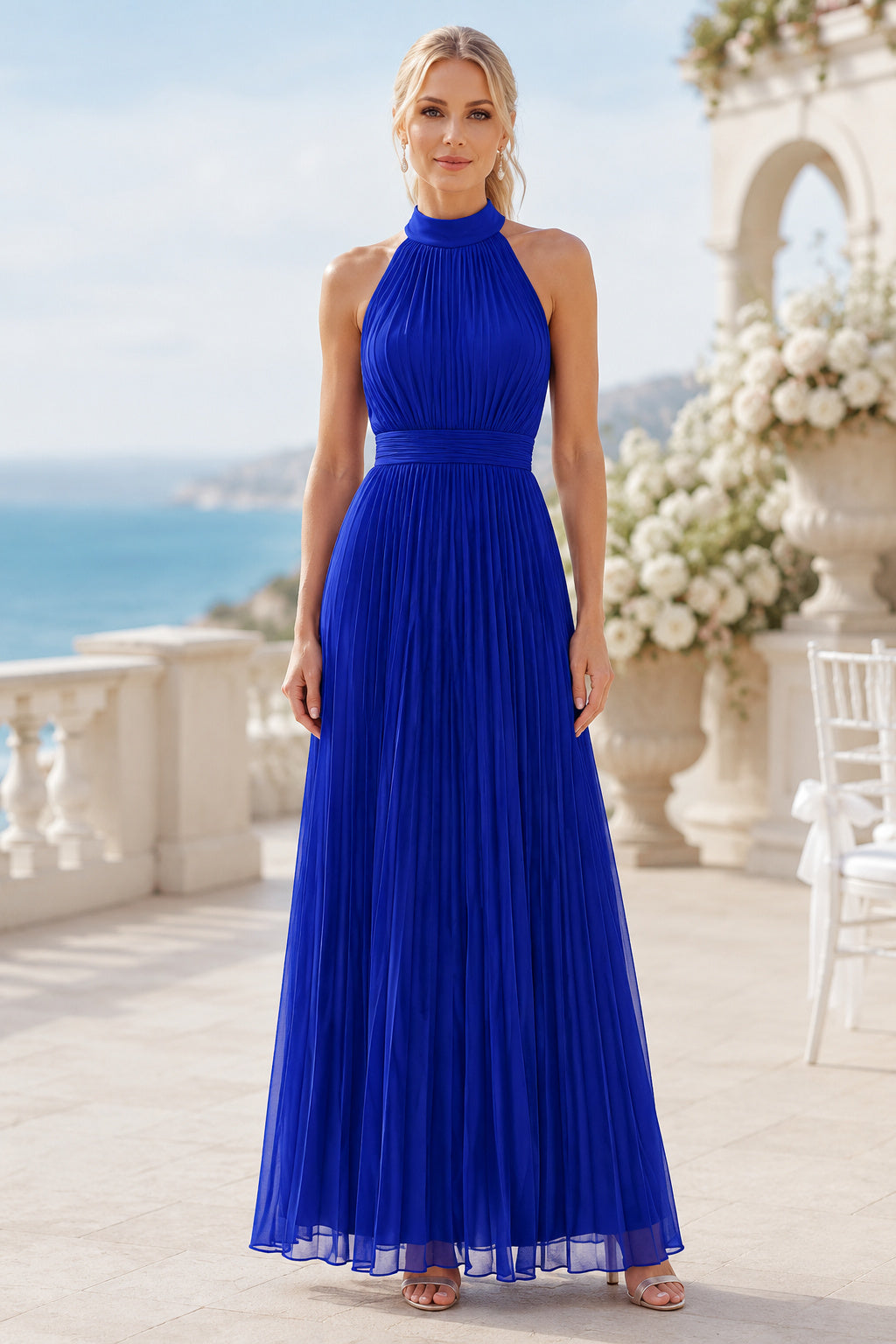 Royal Blue Halter Pleated Chiffon A-Line Formal Dress front view
