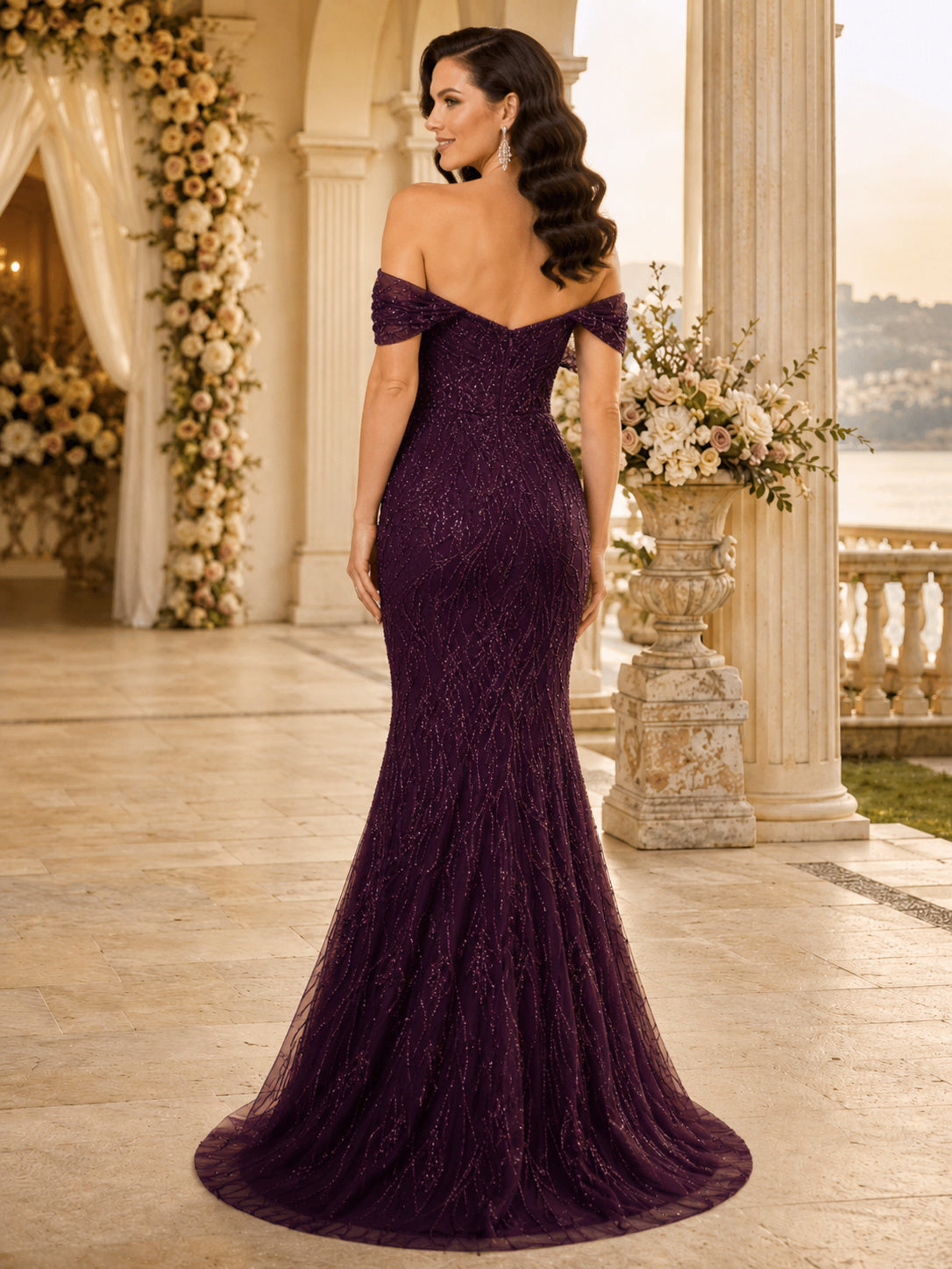 Plum Off Shoulder Sequin Mermaid Sweep Train Guest Dress back view