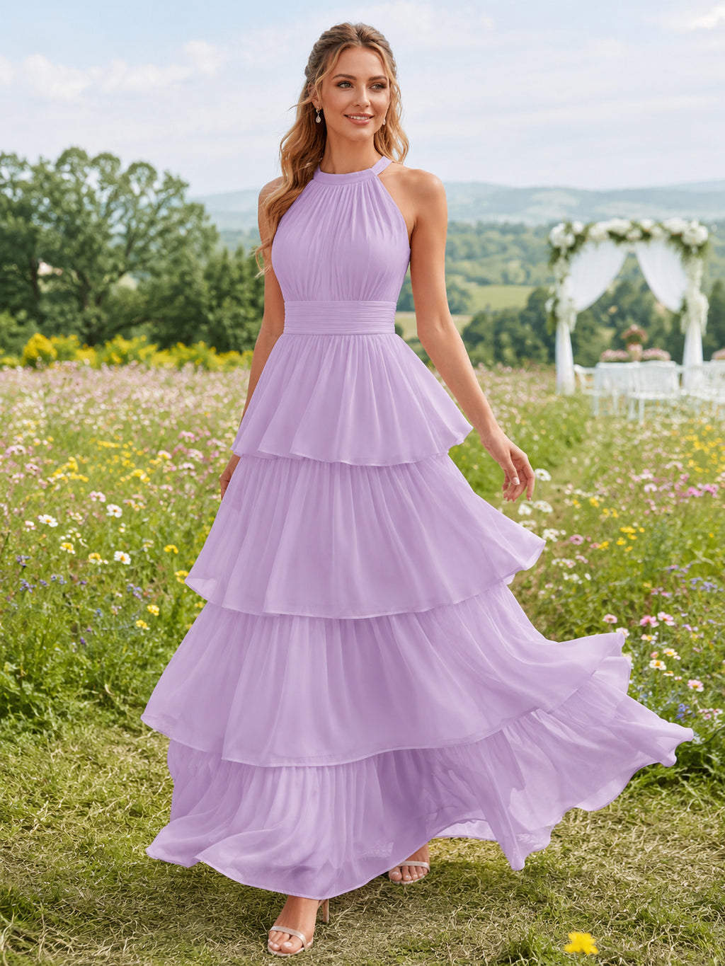 Lilac High Halter Tiered Chiffon Ankle Length Guest Dress front view