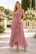 Dusty Rose Ruffle Wedding Guest Sheath Dress front view