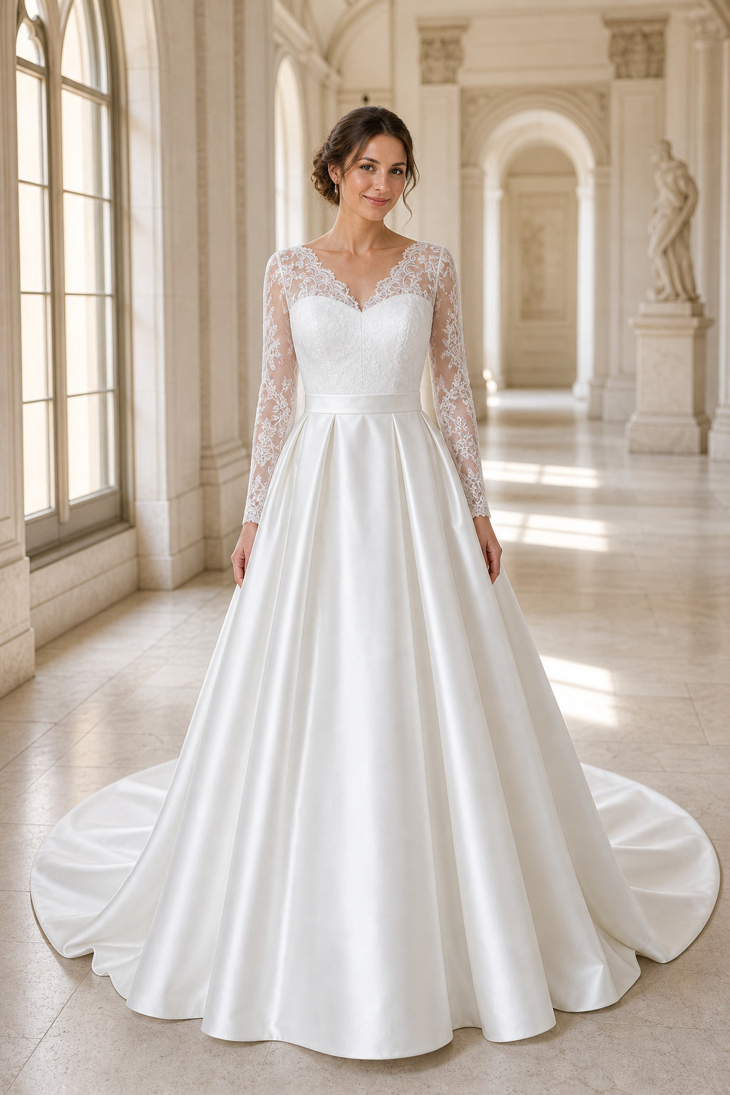Ivory Sweetheart Long Sleeves Ball Gown Satin, Lace Floor-length Wedding Dress With Lace and Pleats