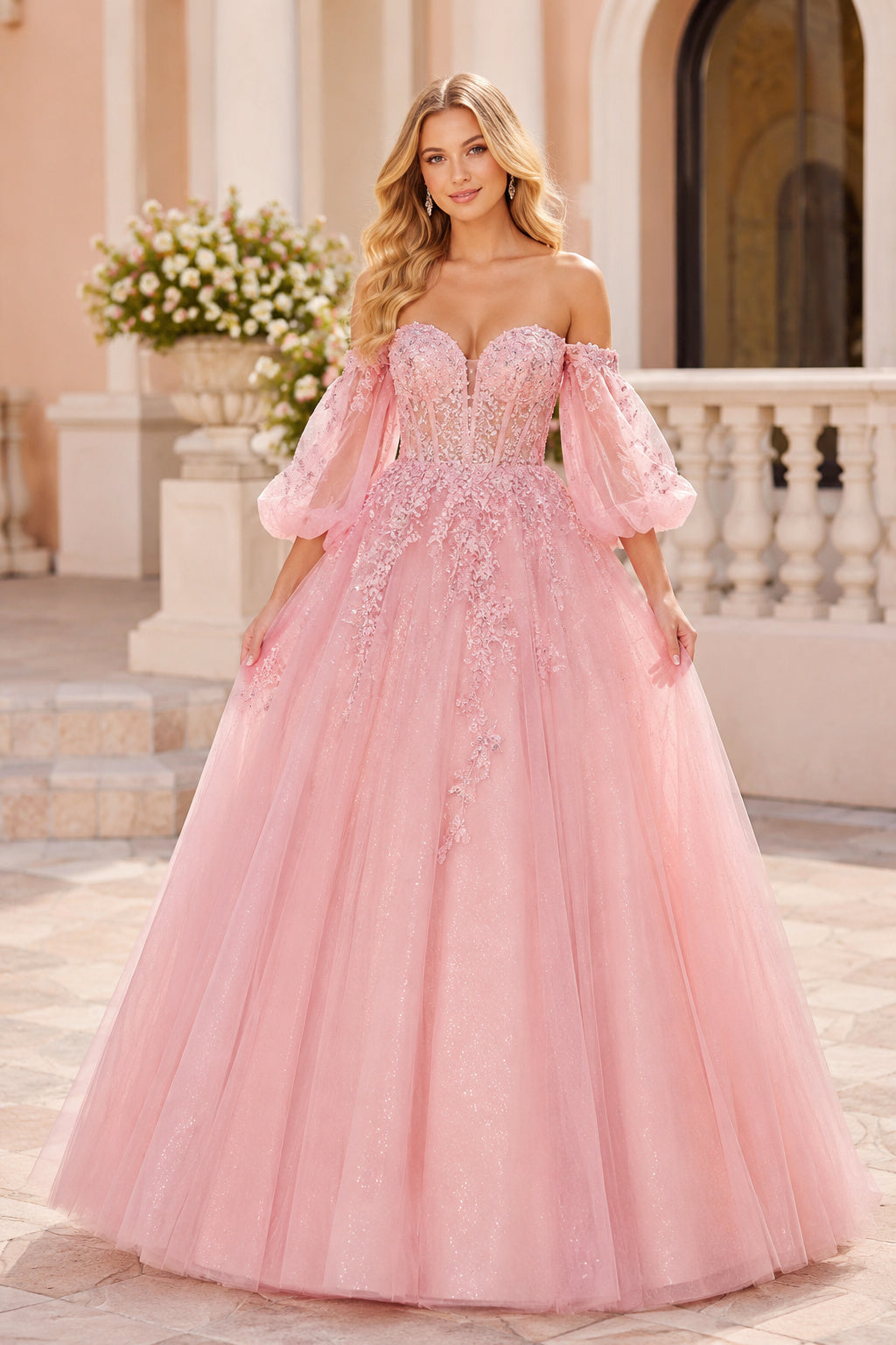 Pearl Pink Off-the-Shoulder Tulle Ball Gown Prom Dress with Puff Sleeves and Appliques front view