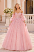 Pearl Pink Off-the-Shoulder Tulle Ball Gown Prom Dress with Puff Sleeves and Appliques front view