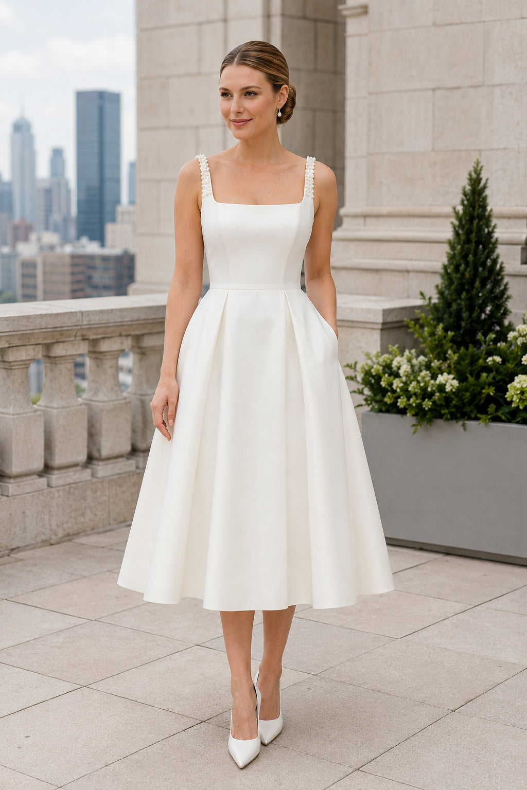Square Neck Satin Bridal Tea-Length A-Line Dress front view