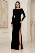 Black Long Sleeve Velvet Sheath Evening Dress with High Slit front view