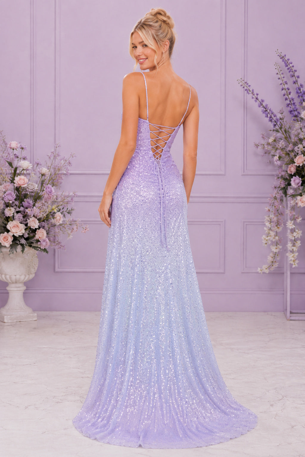 Lavender Sequin A-Line Prom Dress with Spaghetti Straps for Prom Evening and Formal Reception Events back view