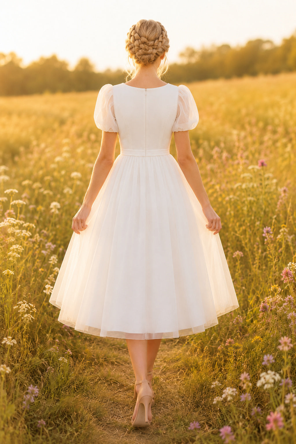 White Puff Sleeve Simple Tulle Dress Tea Length A-Line Wedding Dress with Tulle Detail and Zipper Back back view
