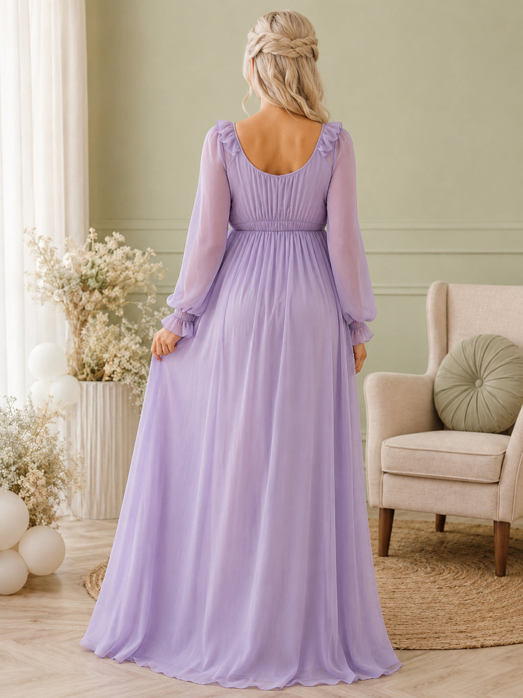 Lilac Maternity Long Poet Sleeve Ruffle V Neck Chiffon A-Line Evening Gown back view