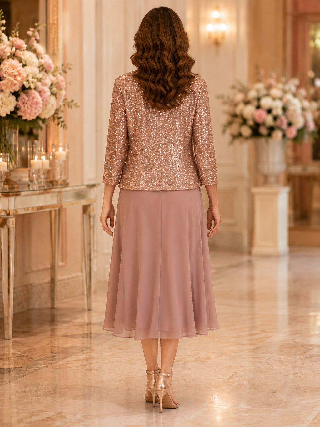 Mauve chiffon tea length mother dress with sequin jacket back view