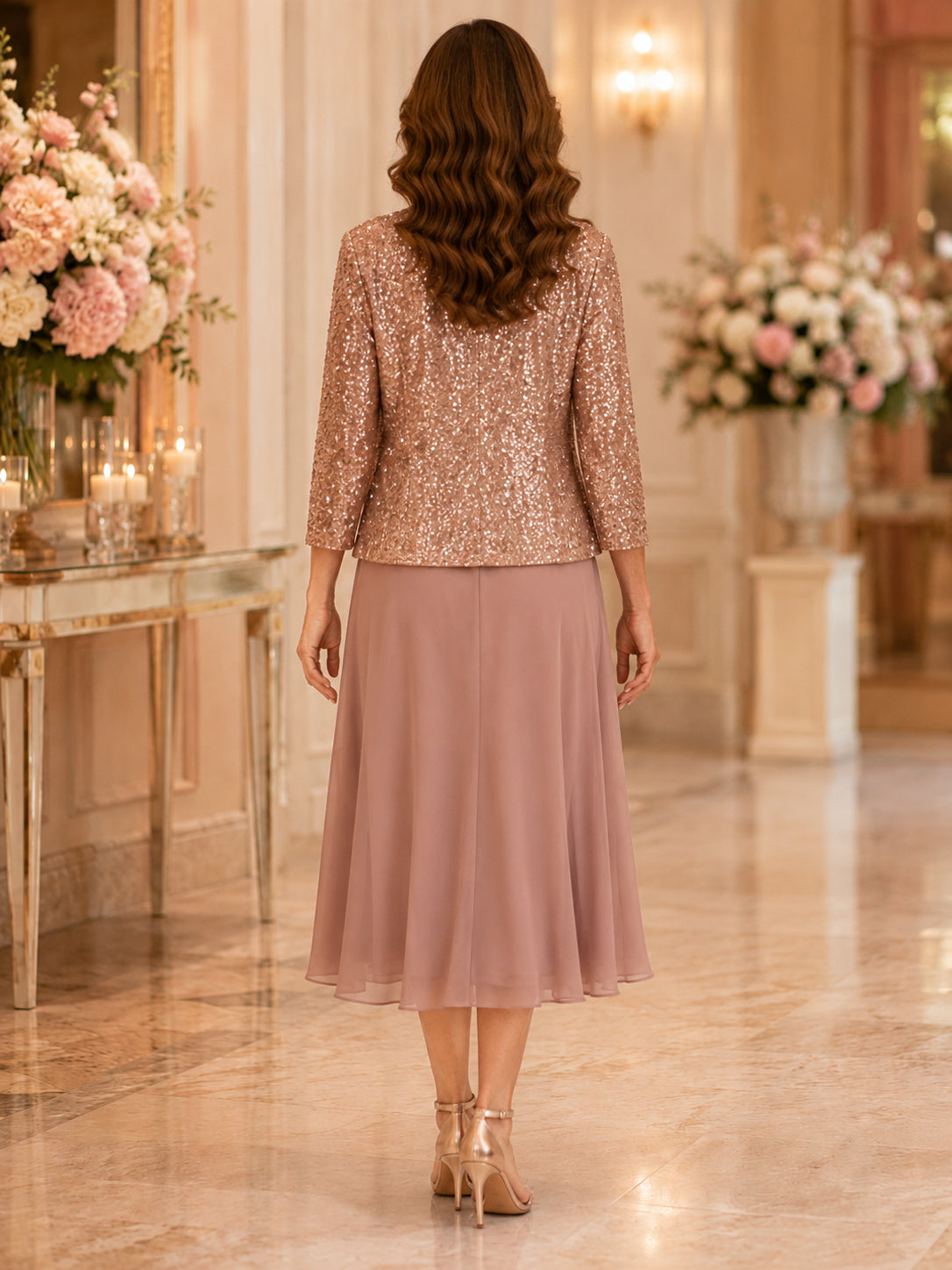 Mauve chiffon tea length mother dress with sequin jacket back view
