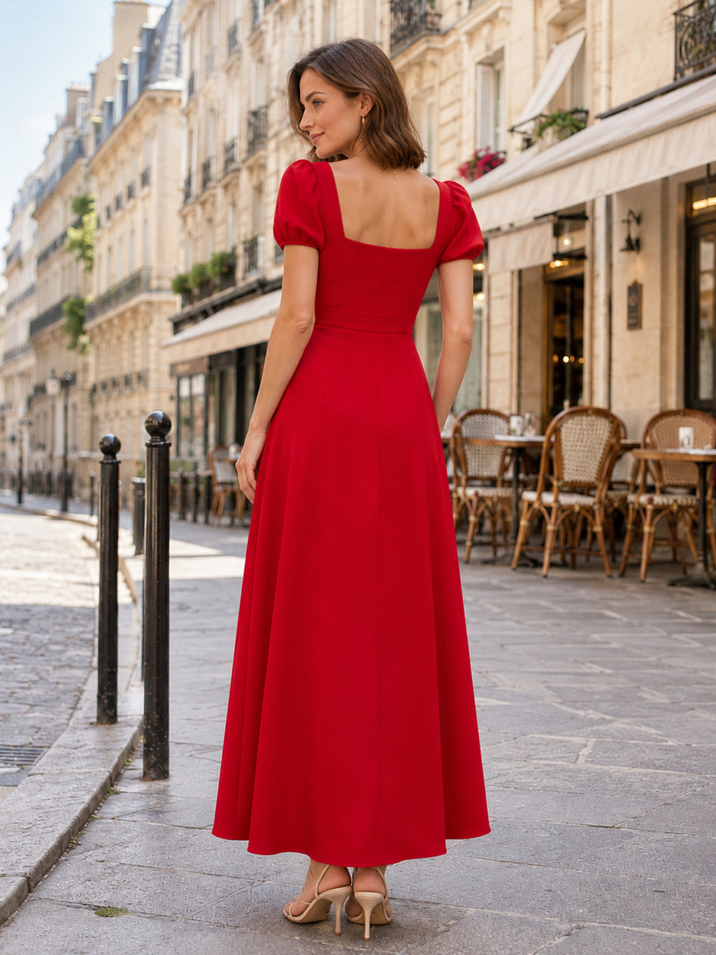 Red square neck puff sleeve A-line travel maxi dress back view