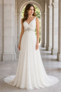 White V-neck A-Line Chiffon, Lace Floor-length Wedding Dress With Lace Bodice and Beaded Waist and Open Back