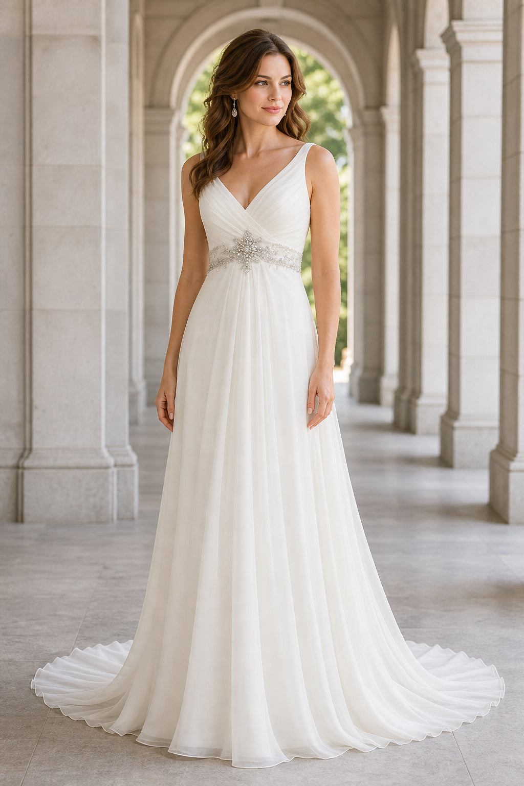 White V-neck A-Line Chiffon, Lace Floor-length Wedding Dress With Lace Bodice and Beaded Waist and Open Back