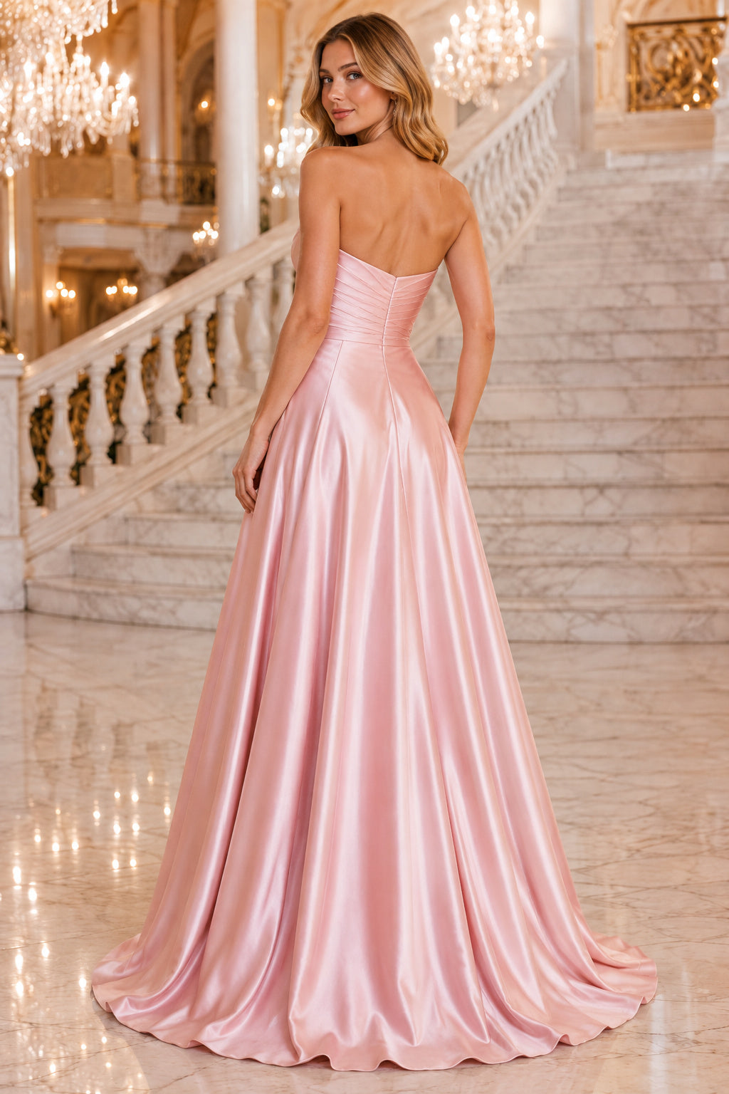 Pearl Pink Strapless Satin A Line Gown with Ruched Bodice and Side Slit Floor Length A Line Bridesmaid Dress back view