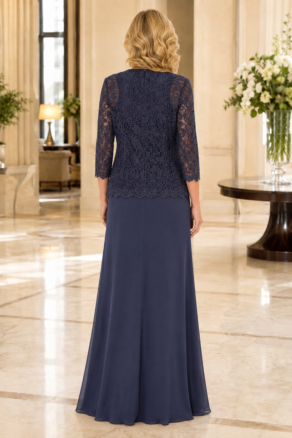 Dark Navy Chiffon Mother Dress with Lace Jacket and Floor Length A-Line Skirt back view